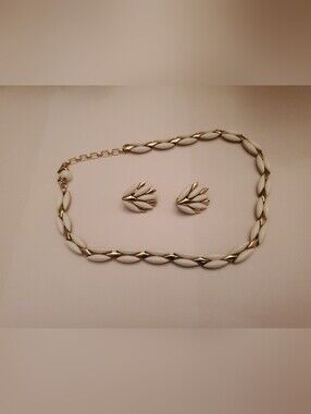 Vintage Crown Trifari White and Gold Leaf Necklace & Earrings Set
